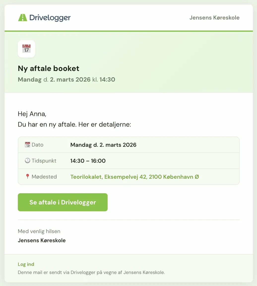 Ny aftale booket — email fra køreskole