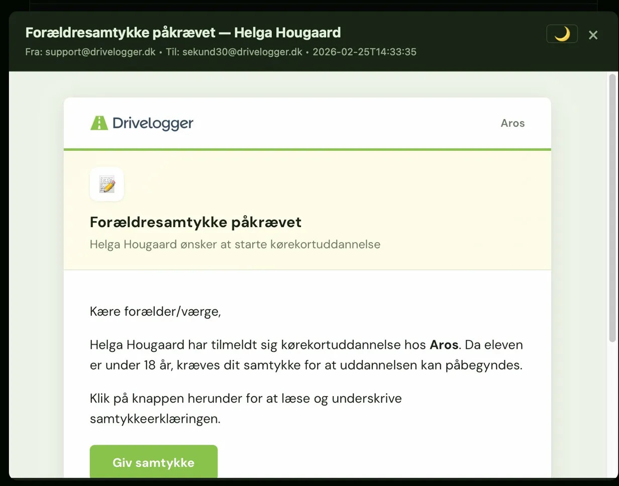 Forælder modtager mail med samtykkeerklæring