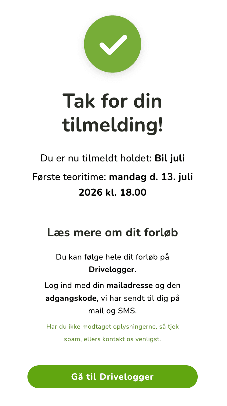 Bekræftelse: tak for din tilmelding, med holdstart og login-info
