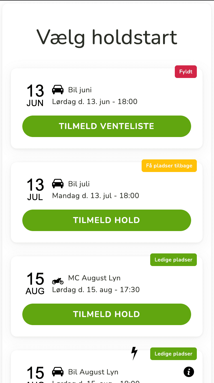 Elev vælger holdstart fra liste over hold