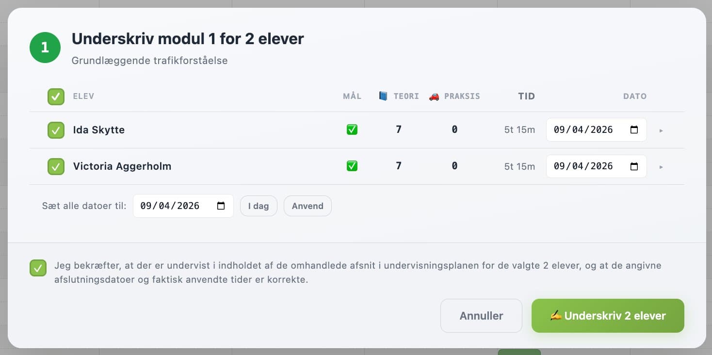 Underskriv et helt modul for flere elever på én gang
